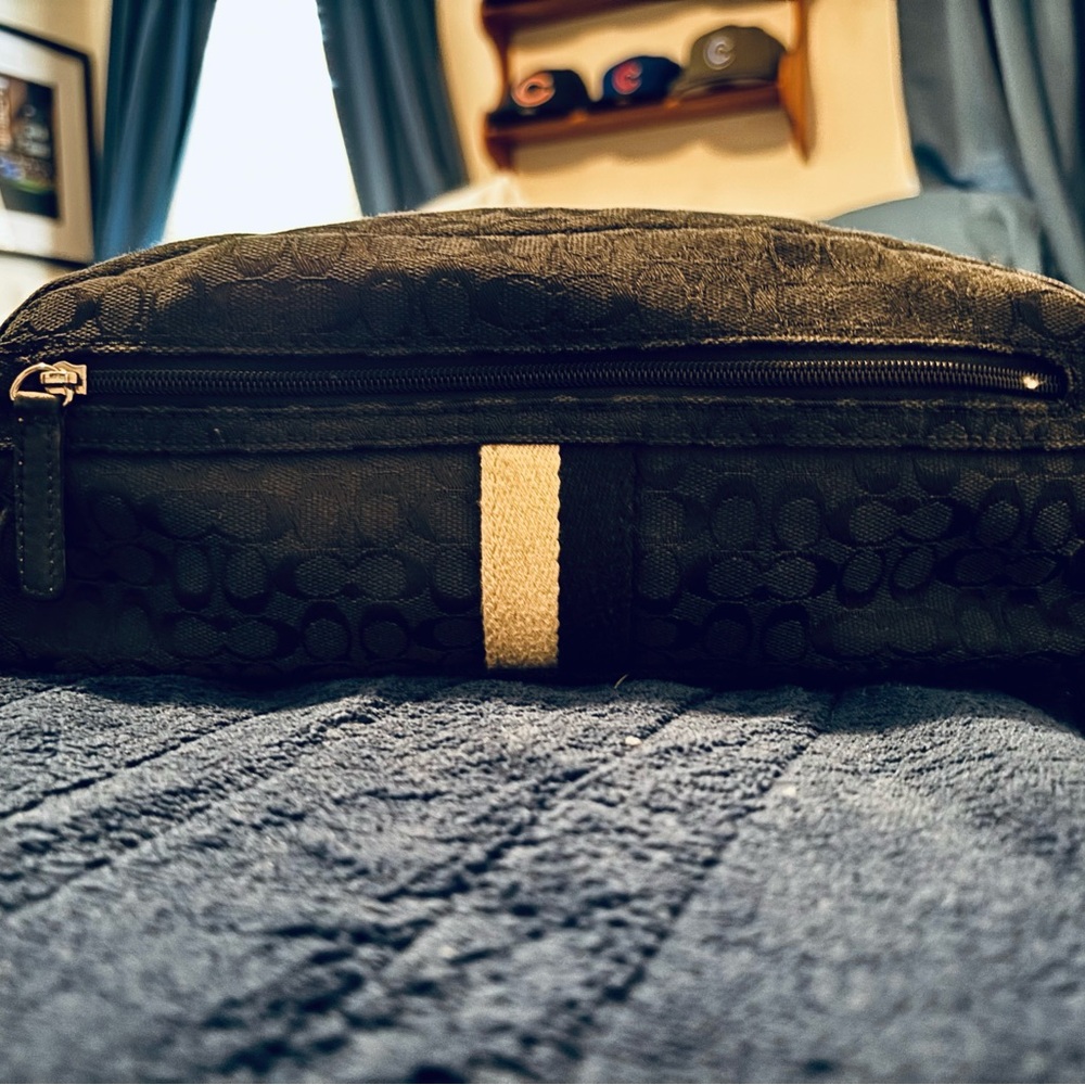 Coach Black Signature Canvas Cosmetic Pouch with Cream Center Stripe